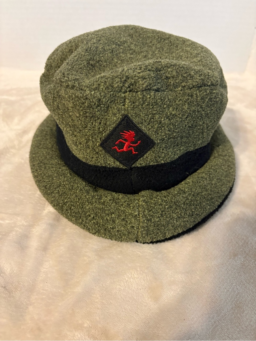 Men's Olive Green Bucket Cap with Black Band and Red Crest Emblem